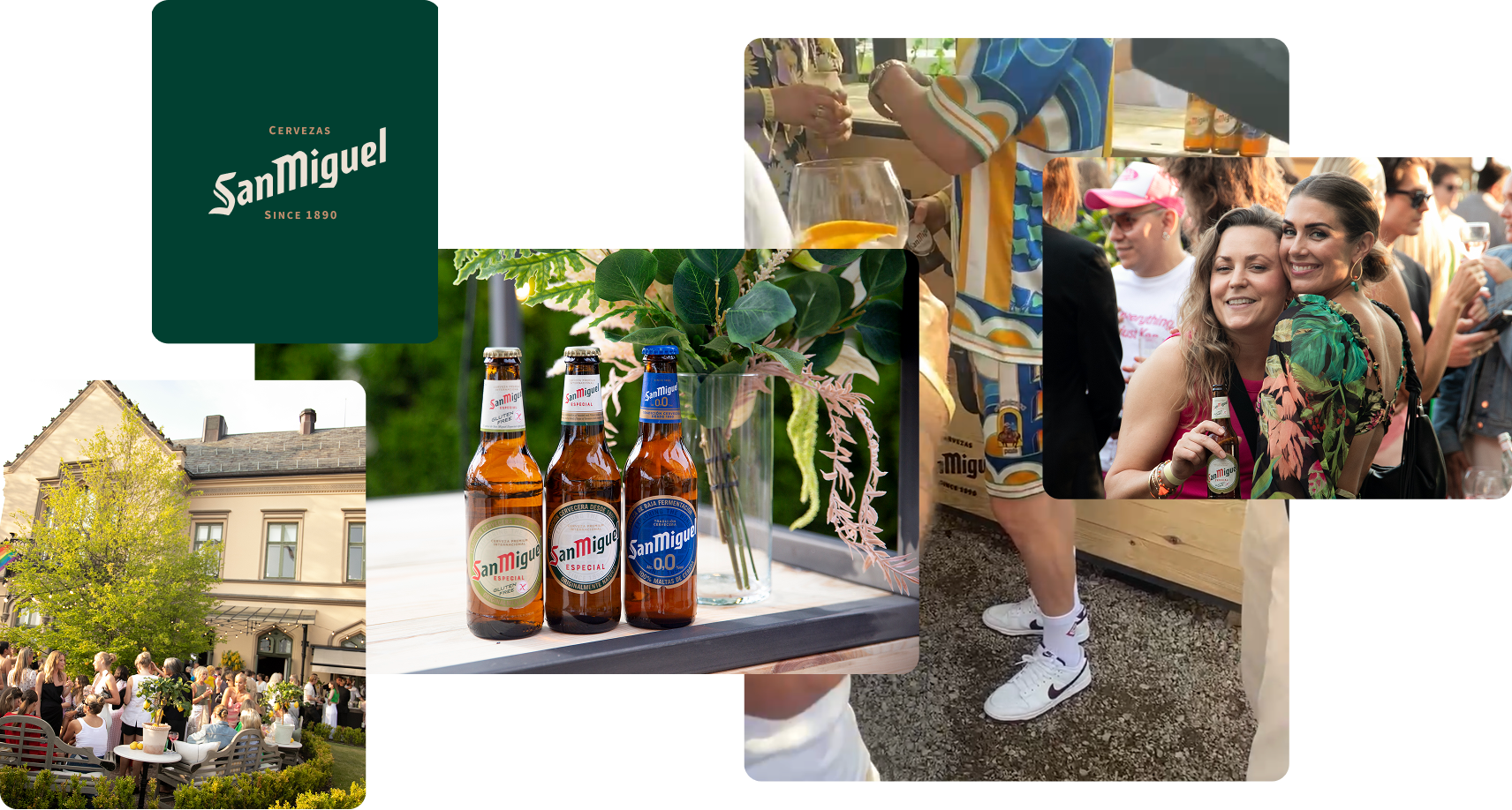 Collage of branded San Miguel event moments featuring beer, people, and venue.
