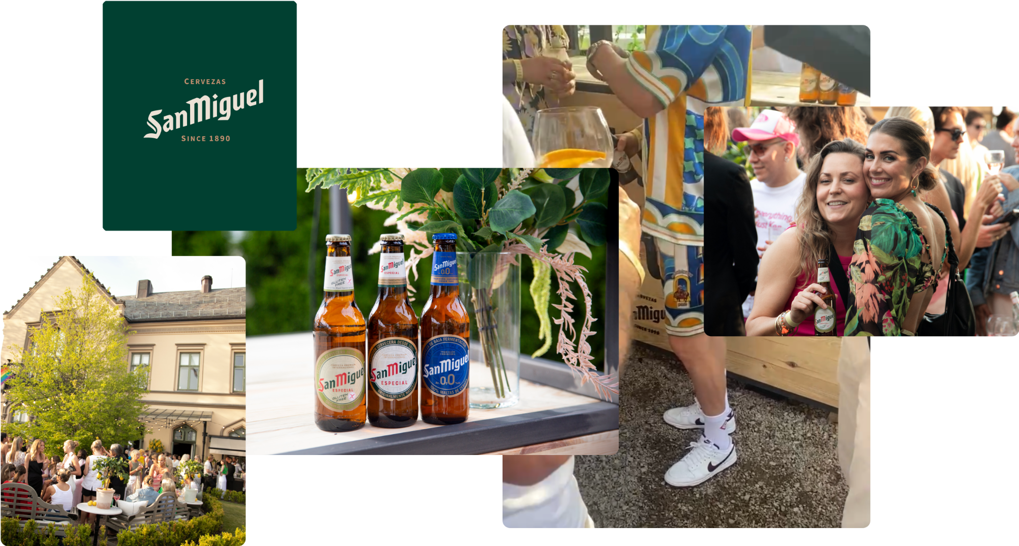 Collage of branded San Miguel event moments featuring beer, people, and venue.