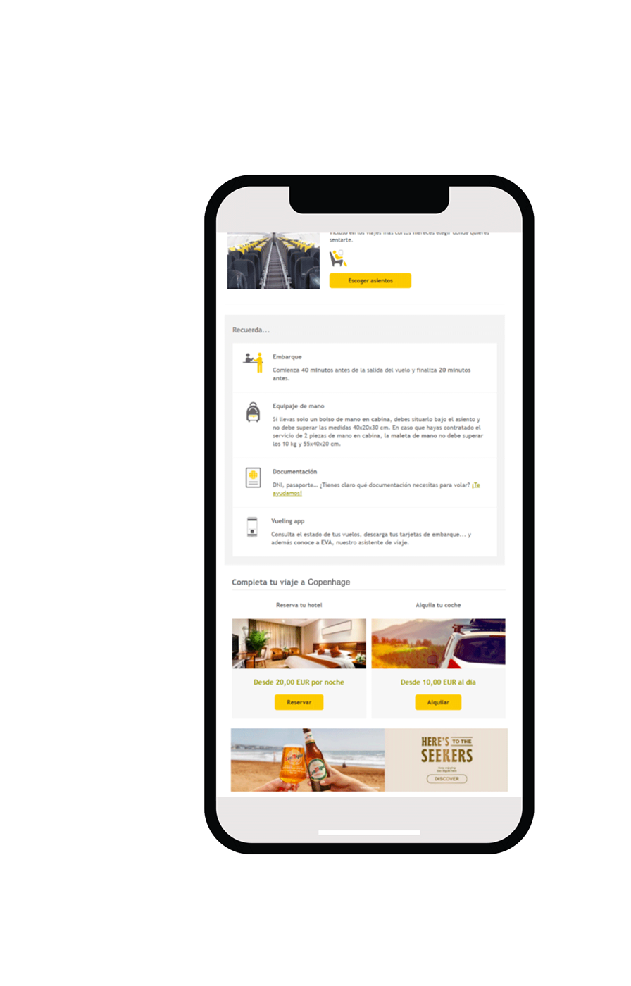 Mobile mockup showing a Vueling email featuring San Miguel campaign banner.