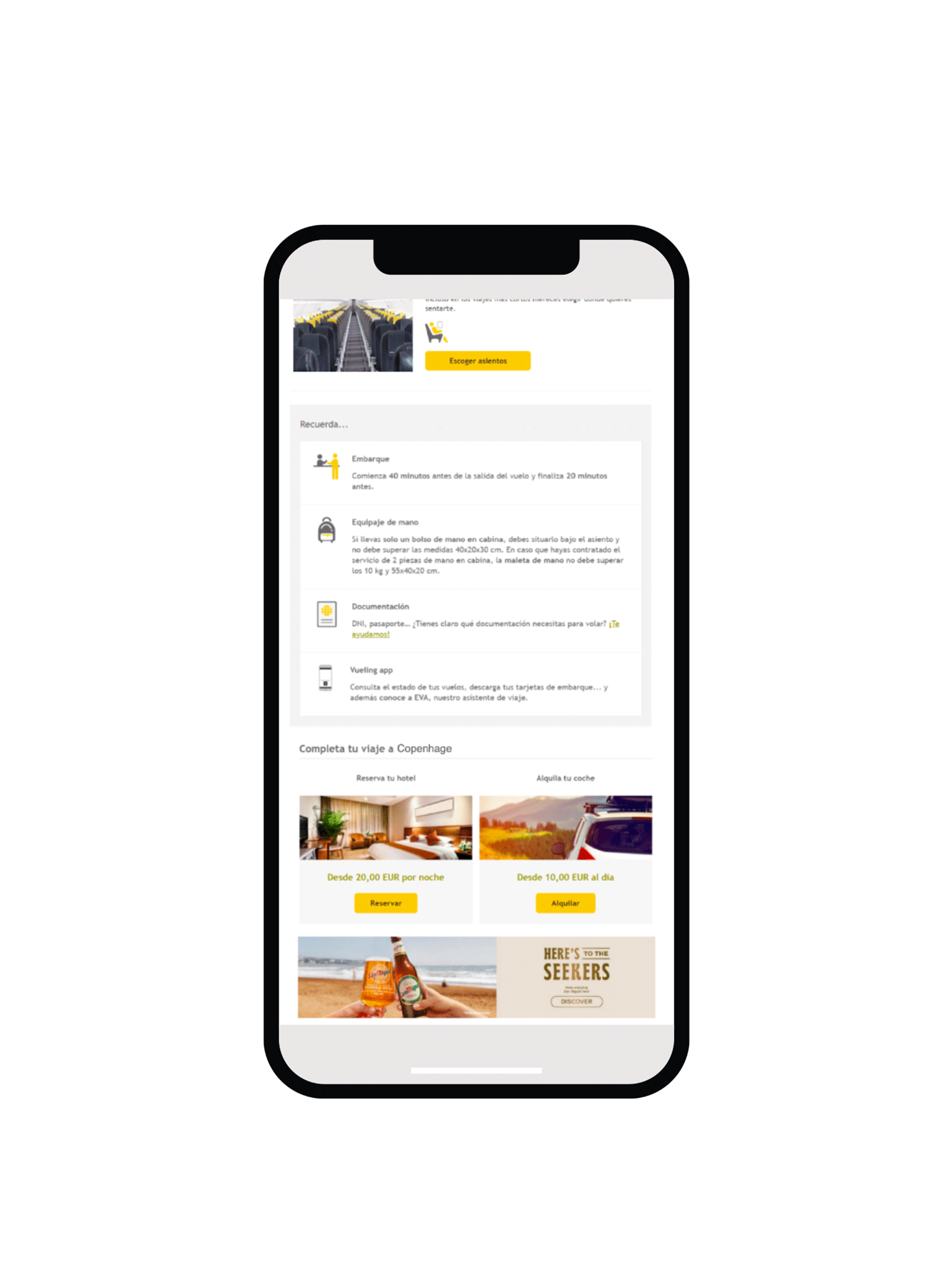 Mobile mockup showing a Vueling email featuring San Miguel campaign banner.