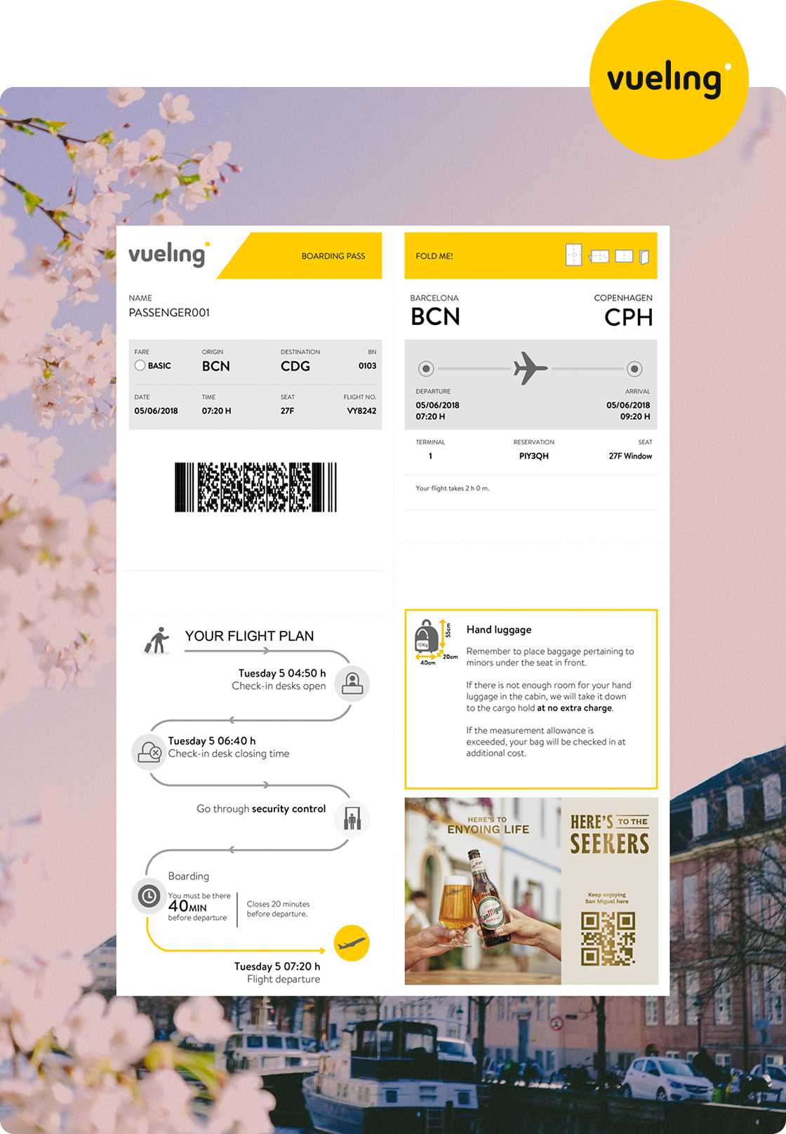Vueling boarding pass mockup with San Miguel ad showing a beer toast.